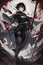 Placeholder: Anime girl with short black hair and sharp green eyes, holding a pike, full body black and white metal plate armour, full body shot, Dramatic lighting,1woman, soaked in blood, Warrior, standing pose, sword at the waist, close shot