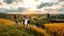 Placeholder: a group of young ladies in sports pants and blouse are dancing to camera in village over high grassy hills,a small fall and river and wild flowers at river sides, trees houses ,next to Ripe wheat ready for harvest farm,windmill ,a pretty train is passing ,cloudy sun set sky