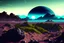 Placeholder: one distant exoplanet in the horizon, rocks, vegetation, epic vision, photo