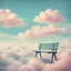 Placeholder: park bench hovering in the sky above the clouds, retro pastel