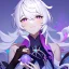 Placeholder: Genshin woman, Clear Focus High resolution, Calm Background, Light skinned woman, White long beatiful hair, Purple sparkling eyes, Very Beatiful Face, Splash art, Color pallete black purple pink