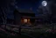 Placeholder: Dry trees, night, full moon, cabin, yard with flowers, fence, photo hd