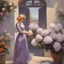 Placeholder: Sunny Day, lilac, flowers, roses, in the center a woman with blonde hair,beautiful makeup,long eyelashes in her hands a bouquet of flowers, a courtyard of science fiction, epic, paintings by Wilfrid de Glen and Rodolphe Whitman in the impressionist style