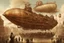 Placeholder: steampunk airship with a large gondolier with people, landing in a city