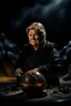 Placeholder: crystall ball on black background containing portrait of Erna Solberg making excuses as fat floating harkonen boss on elvated podium in a rocky desert scene from dune, shot on Hasselblad h6d-400c, zeiss prime lens, bokeh like f/0.8, tilt-shift lens 8k, high detail, smooth render, down-light, unreal engine, prize winning