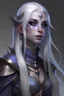 Placeholder: female drow from dungeon and dragons that resembles a dark elf but has purple skin tone with very light blue eyes and stark, long stark white hair decorated with metal accessories, with a kind face, and slender face, young, innocent, with small lips and small nose, beautiful, with a smile, beautiful, young,, accessories in hair, very realistic, happy, magical, dancing, wearing a dress with metal decorations, scars on face, magical, braids, high check bone,