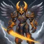 Placeholder: Djinn covered in dark gray fur mixed with dark gray mecha armor with silver wing blades and horn-helm and claws with a vivid orange-yellow mane and glowing yellow eyes with markings below background thunderstorms in dark comic art style