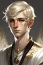 Placeholder: A young half elf man with White-Blonde, short hair, dark black eyes, dressed in white and gold with lots of jewelry, hero