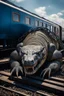 Placeholder: A giant creature looks like big food laying on a train train cargo .it is tied up to the train with. Lot of iron chains , no roof on the train, a train is coming toward the beast