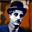 Placeholder: Candid photographs of the acter Charlie Chaplin on a wall in an alley of an ancient town, in a combined art style of generative art, calligraphic lines, rust debris, peeling yellow and blue paint, black and white portraits, distorted figures.