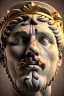 Placeholder: Ultra Realistic image, Roman sculpture, white marble material, Lionel Messi, gold Laurel leaves wreath, renaissance ornaments, radial gold lines, one gold star in heart, gold sun ornament back, blue background, chisel style, waist up portrait, emperor style, epic, celestial, cinematic lighting, God light, god rays, 4k resolution, smooth details, ornate details, soft lighting, unreal engine 5, art station, substance 3d.