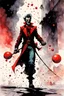 Placeholder: juggler rouge, create in inkwash and watercolor, carnival in the comic book art style of Mike Mignola, Bill Sienkiewicz and Jean Giraud Moebius, , highly detailed,, grainy, gritty textures, , dramatic natural lighting