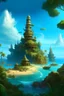 Placeholder: A D&D mysterious jungle island with main street leading to ruins of monumental buildings, coral architecture, magical domes holding seawater, symbiotic arcitecture with jungle and ocean, spiral tower reminiscent of seashells, clear blue sky, ominous crumbling human settlement on the side