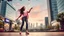 Placeholder: beautiful lady with makeup in pants and pretty shirt curvy long hair sport shoes dancing in a open stage in a modern city cnter,modern city escape at dintant ,flowers and trees ,pretty clouds
