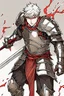 Placeholder: Armored Male Knight by manhwa or korean webtoon style there are lightning and blood spurts around the man his face pointed at the camera and with a serious look he lets his opponent know that it's his turn