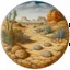 Placeholder: A tan desert with a rocky road designed in African pottery painted by Albrecht Durer