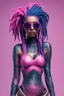 Placeholder: entire body mermaid cyberpunk some fish scales on face pink and indigo hair dreadlock sunglasses