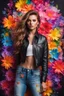 Placeholder: Gorgeous Realistic Photography Super Model European Beautiful young woman,hair colors rainbows as cowboy with clothing abstracts flowers luxury casual leather jacket and levis jeans dressing painting art neons rainbow colors glowing in the dark and colorful details, light leaks boleh colors,flowers background, close-up portrait