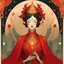 Placeholder: Bordered digital illustration of a An empress, draped in red silk by Victo Ngai. Art Deco, Tarot card, Hanafuda. High quality, masterpiece. Dungeons and Dragons.