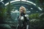 Placeholder: Wide angle photo of a sci-fi slim woman with blond hair, silver and black futuristic spacesuit looking android-like, standing on a derelict alien jungle planet with cloud trees in multiple green hues