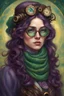 Placeholder: A girl with long, wavy dark brown hair, steampunk glasses on her head, purple eyes, dressed in steampunk clothes, green scarf , Portrait of Van Gogh