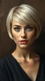 Placeholder: grant wood painting style , a picture of beautiful women with a short blond hair , front view with dark brown side lighting background, ultra high quality with ceramic lighting