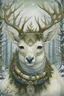 Placeholder: photorealistic Cute fantasy white Christmas fawn wearing a wreath around neck; big pine trees all around; in the style of Rebecca Guay