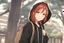 Placeholder: An anime young adult female with medium length red hair, brown eyes, wearing a black hoodie, realistic, slight smile