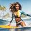 Placeholder: full body of Waist high Portrait of an exotic beautiful woman wearing trendy clothing surfing in nice waves of water, perfect detailed face, detailed symmetric hazel eyes with circular iris, realistic, stunning realistic photograph, 3d render, octane render, intricately detailed, cinematic, trending on artstation, Isometric, Centered hyper realistic cover photo, awesome full color, 12k, high definition, cinematic, neoprene, behance contest winner, portrait feat