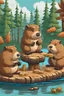 Placeholder: three beavers sit on tree stumps and play cards on acorns