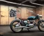 Placeholder: technical design study, oldschool 1960s triumph man over bobber bike, ratrod style, short tailpipe, stylized garage interior background, hdr, uhd, 8k, dof, center camera, perspective view, pivot on triumph, by paul meijering