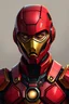 Placeholder: Create a portrait of a man wearing robotic armor that fits him tightly. The suit will be made of separate connecting armor pieces. The colors will be red and gold. He will also be wearing a robotic helmet that is shaped like his head. The helmet will have a mask covering his face. The mask will have eye shapes and a mouth shape like a robot. His eyes will be covered by gold metal pieces. He will have a circular light on his chest. The helmet will be slightly square shaped.