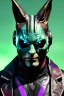 Placeholder: Medium Close Up Portrait, Front image. cyberpunk, rabbit mask helmet, strong man, silver hair. latex suit. Purple, green, color. Joker style. Color background, photo studio. Avatar image, highly detailed, concept art, smooth, unreal engine 5, ray tracing, RTX, lumen lighting, ultra detail, volumetric lighting, 3d, finely drawn, high definition, high resolution.