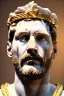 Placeholder: Realistic image, Roman sculpture made in white marble with gold veins, Lionel messi with gold laurel leaves crown, decorative star on the chest, waist up portrait,marble material, gold ornaments, Renaissance style, sun rays background, epic, celestial, cinematic lighting, God lights, 4k resolution, smooth details, soft lighting, unreal engine 5, art station, substance 3d.