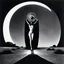 Placeholder: [Le Cabinet de Curiosités by helmut newton] The creature's cranium is massive, adorned with a huge crescent halo that emanates an otherworldly glow, reminiscent of burning crop circles etched with sacred geometric designs. In a scene that combines elements of gothic and emo aesthetics, the figure moves with an eerie grace, as if performing a cosmic dance. Clad in a Japanese-inspired ensemble of red, black, and white, the being wears a high kilt