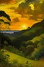 Placeholder: Sunset in the clouds in a dark gold rainforest near a field painted by Paul Gauguin