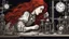 Placeholder: Victorian red long hair woman leaning over a desk, working on a tiny clockwork machine, while looking through a magnifying glass, in a dark laboratory, full of devices and machines