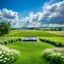 Placeholder: a dance platform with decor mane in country side in center of picture ,green field ,flowers , small river,blue sky pretty clouds ,camera looking at horison