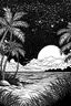 Placeholder: moonlit beach with starlit palm trees, in black and white with distinct lines, perfect for an adult coloring book, contour, vector, clean line art, isolated on a white canvas
