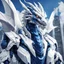 Placeholder: white skyscaper dragon with deep blue mecha parts in Advertising portrait art style