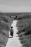 Placeholder: walking along a path that winds towards the top of a mountain, it is summer, the sea in the background photography taken with a Leica camera and 50mm lens, real photography in black and white, nostalgia