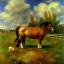 Placeholder: shetland pony, fence, field, oil painting, by Renoir, summer daytime