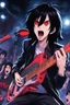 Placeholder: A portrait of 30 years old male guitarist screaming in the microphone at a midnight concert, manly facial features, red creepy alien bug eyes, black hair, athletic build, dynamic in the style of manga "Rosario+Vampire"