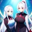 Placeholder: Clear focus, 8k, beautiful lighting, vibrant colors, girl, white hair, long hair, vibrant red eyes, ponytail, same twins, white hair, blue eyes, same clothes,