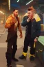 Placeholder: 2 men arguing in factory Simon Stalenhag cartoon style