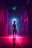 Placeholder: 3d, si-fi hunger , far away a girl in the middle, stand on round platform, connected by wires , vr googles, beautifully color coded, super detailed, moody lighting, volumetric lighting, night time, glowing veins, mass effect, vertical light glow city