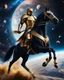 Placeholder: Realistic photography take photoshoot from far,front view of a humanoid warrior tiger wearing clothing armor golden ,on riding a black horse , flying in space, on galaxy surrounded by planets