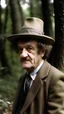 Placeholder: Kurt Vonnegut in the woods wearing a fancy tea hat and dress