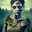 Placeholder: Ultra realistic "walking dead" zombie , wind blowing, :::BREATH TAKING COMPOSITION:::, dark eye make-up, intricate textiles, skin color make-up, etherial, sunset, gritty photo realistic, sun chapped lips, complex shadows, sun on face, ambient detail, strong direct single source lighting, dramatic light, depth of field, realistic, unreal engine, octane render, proportional face features, intricate fashion, national geographic haze, asymmetric composition, intricate dark backg