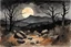 Placeholder: Night, mountains, rocks, dry trees, gothic horror films influence, winslow homer watercolor paintings